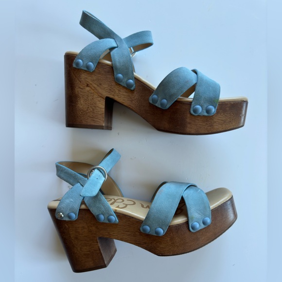 New! SAM EDELMAN Women's Josefine Platform Heeled Sandal Sky Blue - Picture 6 of 10